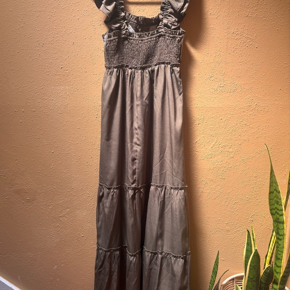 Boho Embroidered Ruffle Strap Tiered Maxi Dress Olive Brown Smocked Back Women - Picture 3 of 6